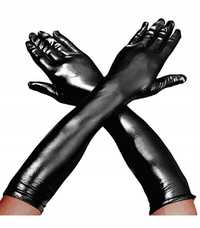 sexy czarne vinylowe rękawiczki vinyl 44cm długie