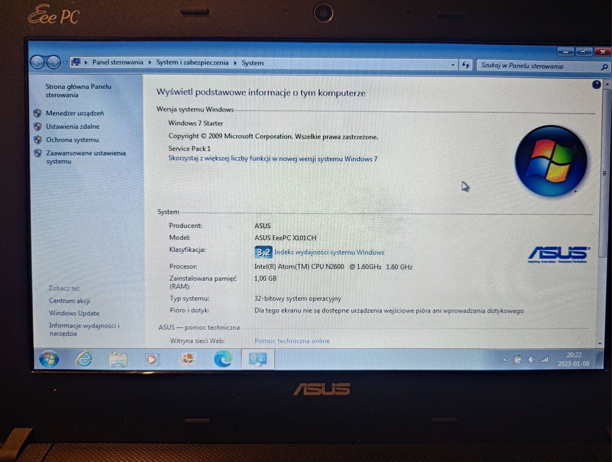 ASUS Eee PC X101CH 10"stan idealny 128GB SSD/Win7 Starter Łódź+gratisy
