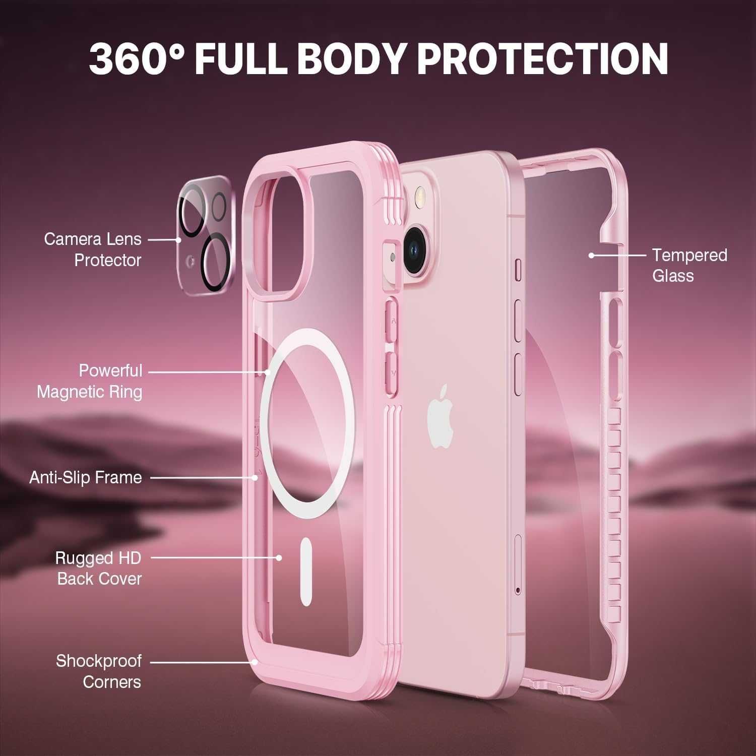 CENHUFO etui iPhone 15 pancerne etui magsafe 360 szkło na aparat róż