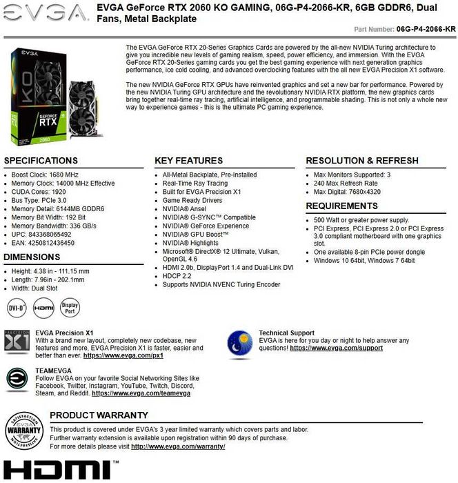 Placa Gráfica EVGA RTX 2060 KO