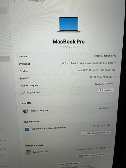 MacBook Pro 16" (2019, A2141), i7/16GB/512GB, 409 cykli, TYLKO 1898 zł