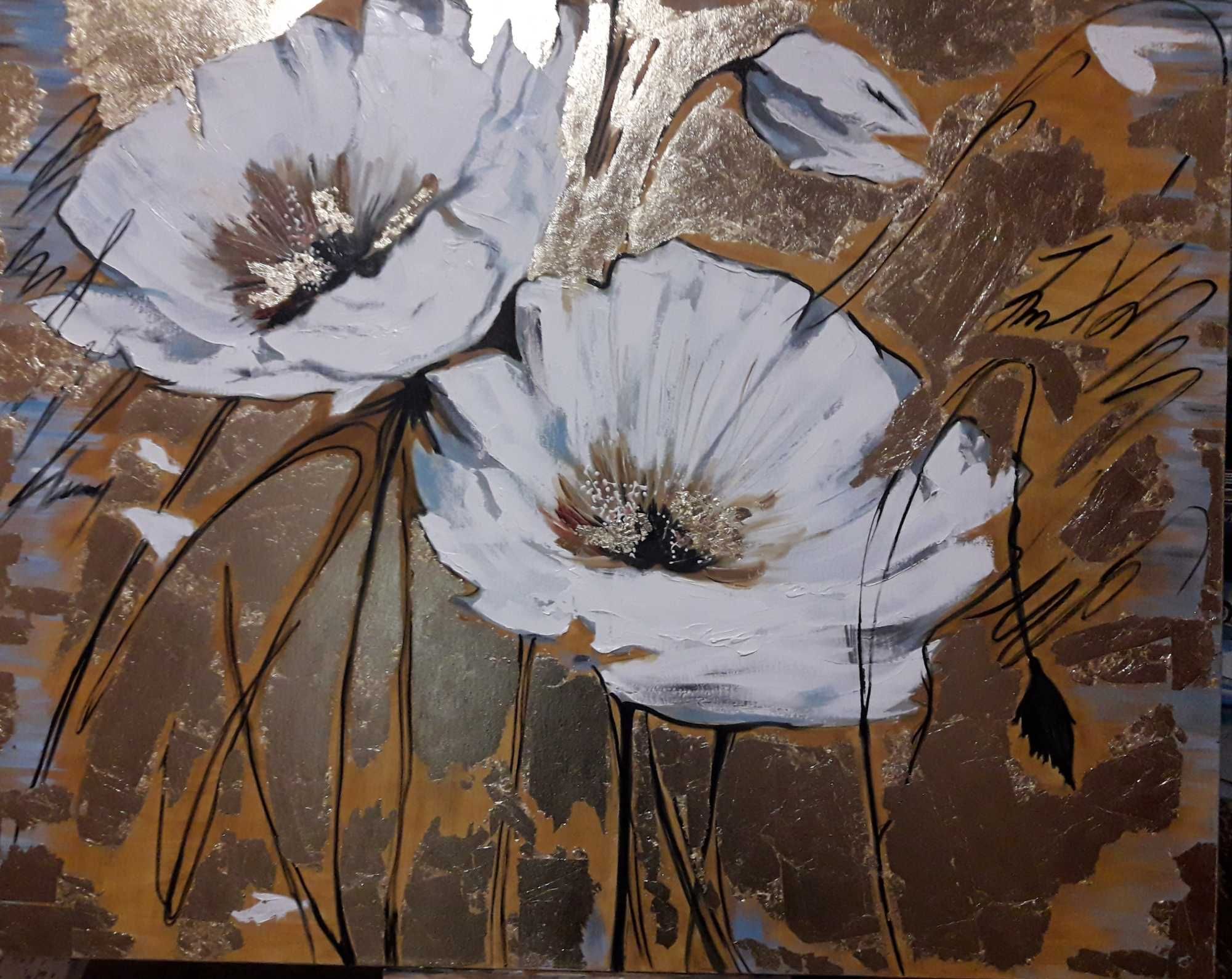 Цветы, маки, картина маслом на холсте 50х40.с декором поталью