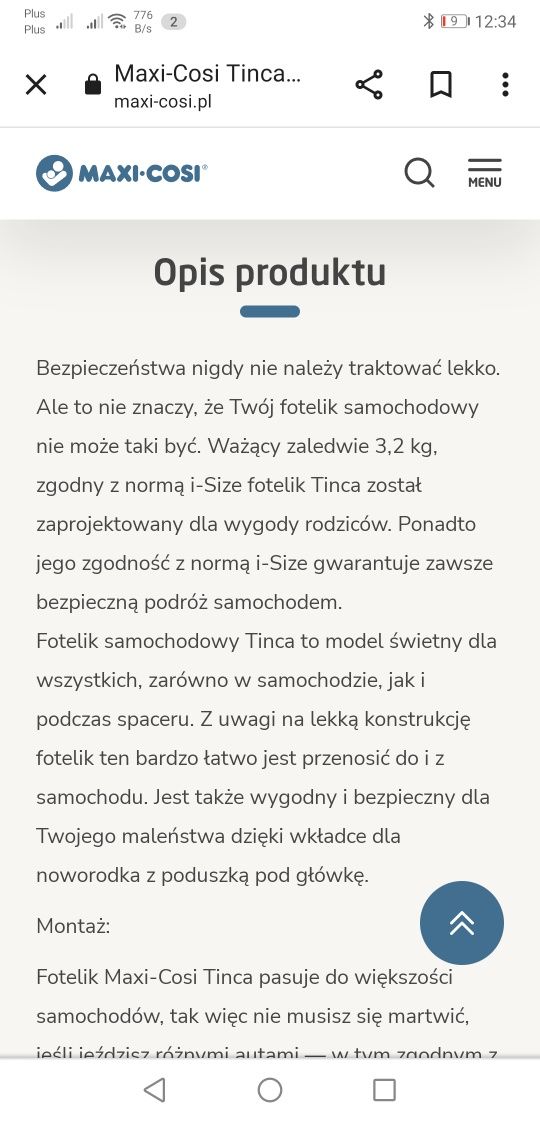 Fotelik samochodowy niemowlęcy Maxi Cosi Tinca 0-12kg