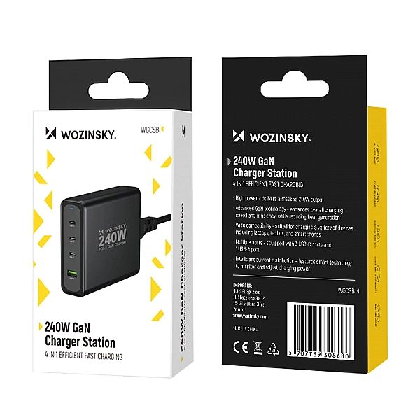 Ładowarka sieciowa GaN Wozinsky WGCSB 240W USB-A / 3 x USB-C - czarna