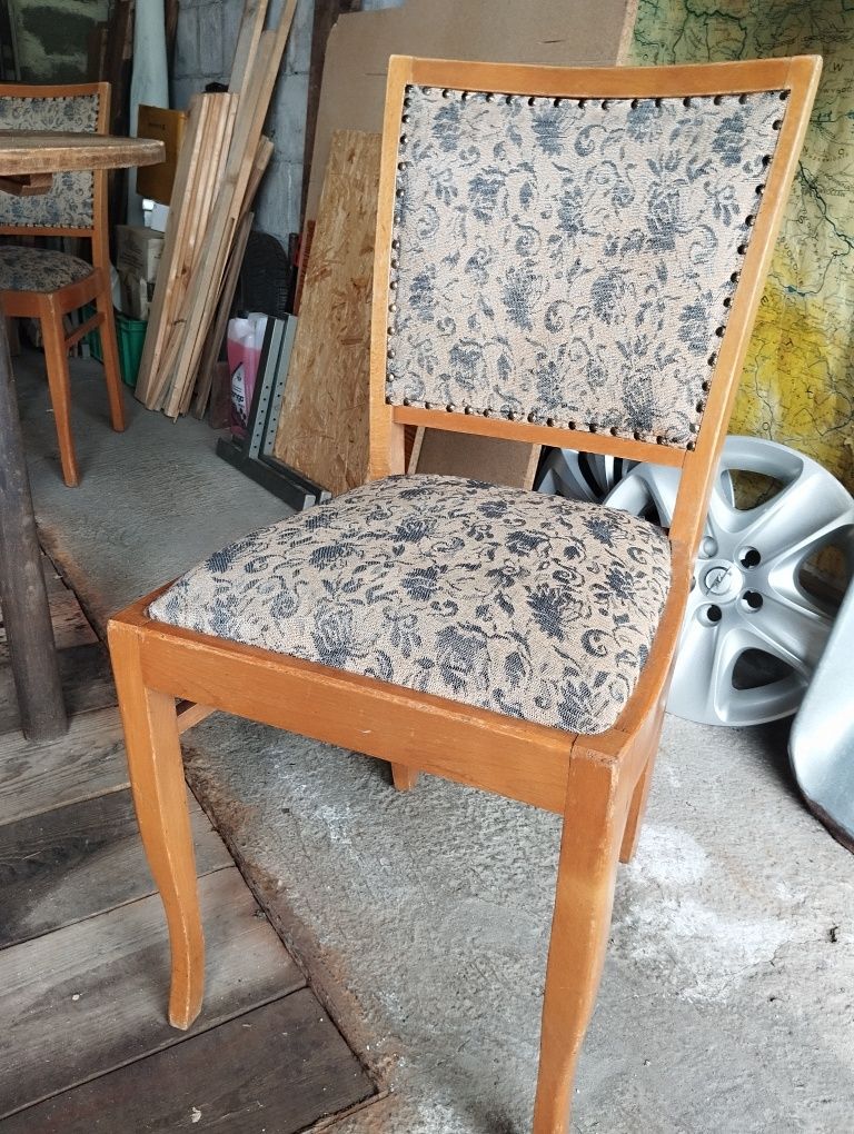 Stół okrągły rozkładany z krzesłami PRL art deco vintage