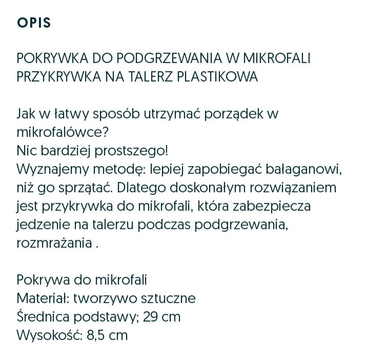 Pokrywa na talerz do podgrzewania w kuchenki mikrofalowej  rozlaniem