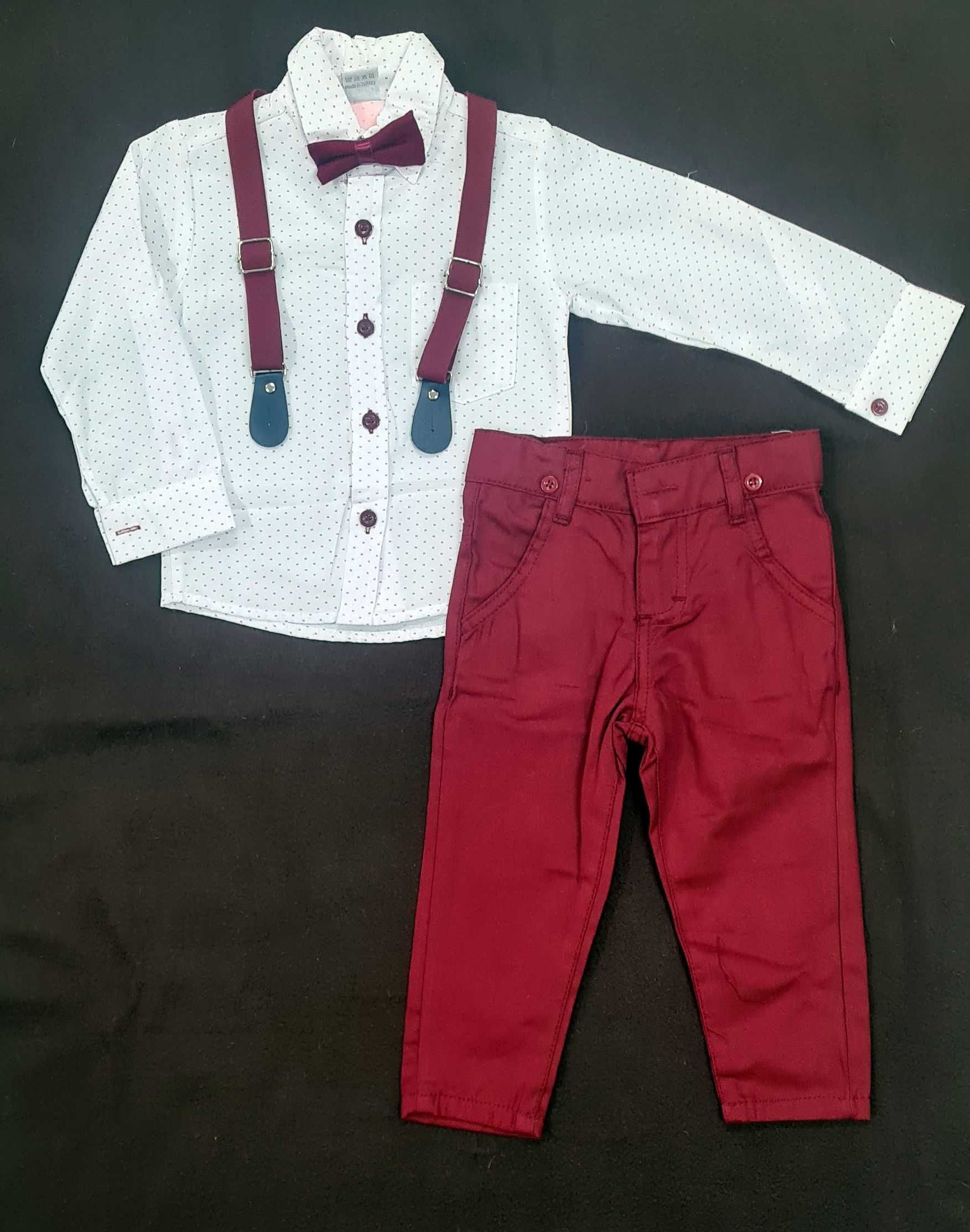 Komplet galowy, garnitur, koszula spodnie muszka szelki bordo 92