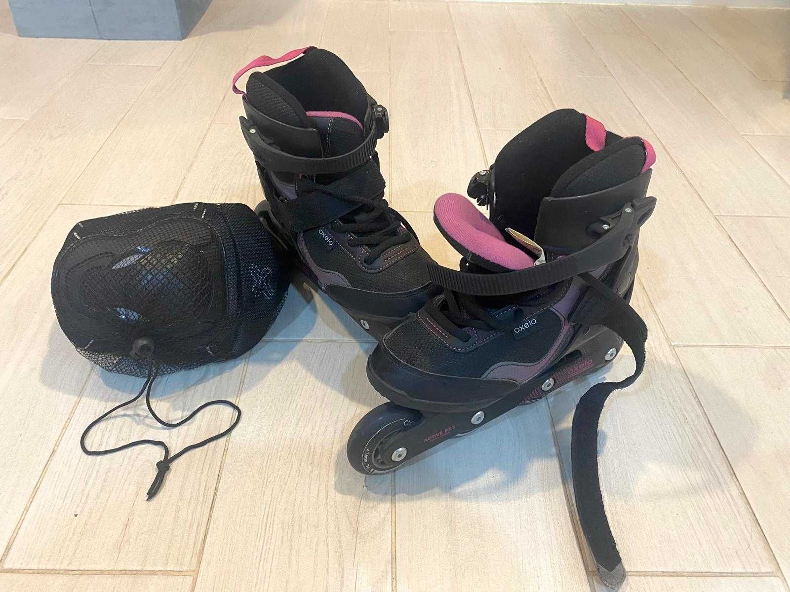 Patins em linha com um conjunto de proteções, como novos