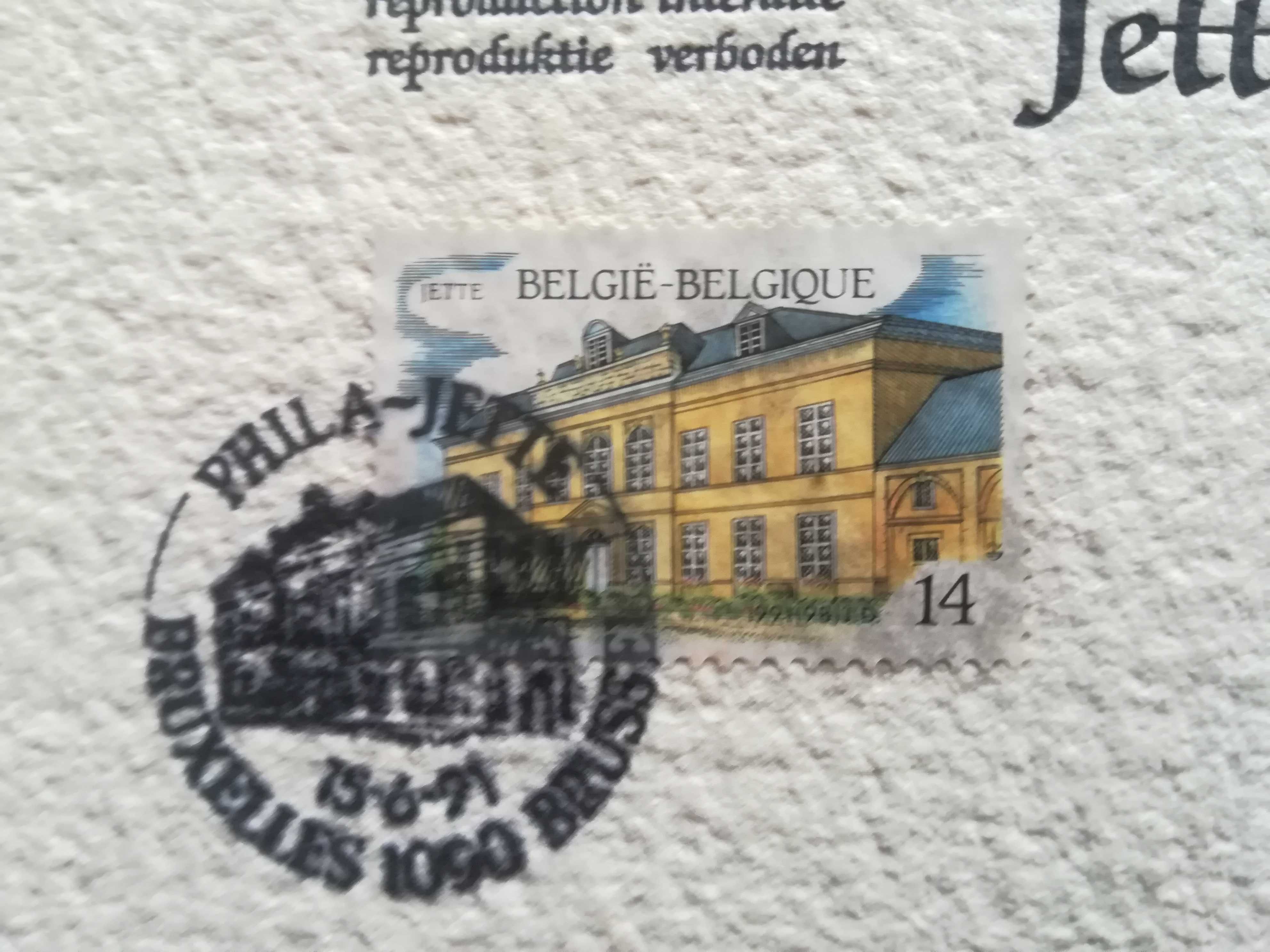 Grafika ze znaczkiem pocztowym opactwo Dieligem Jette Belgia