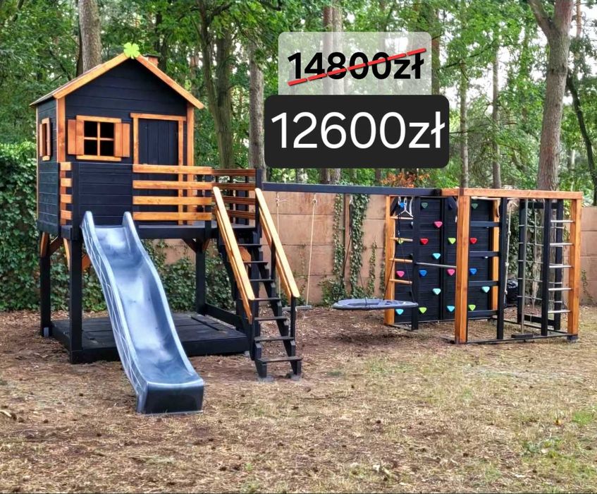 Duży plac zabaw z domkiem, huśtawkami i małpim gajem