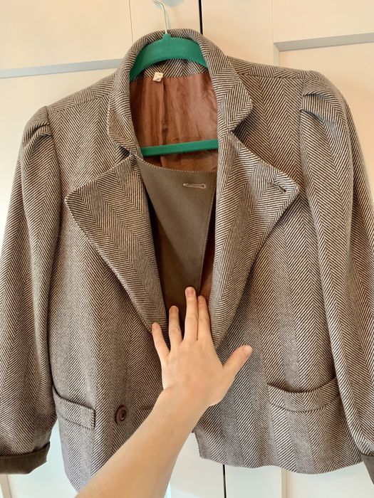 Vintage retro marynarka ramoneska bomberka S wełna pepitka jodełka