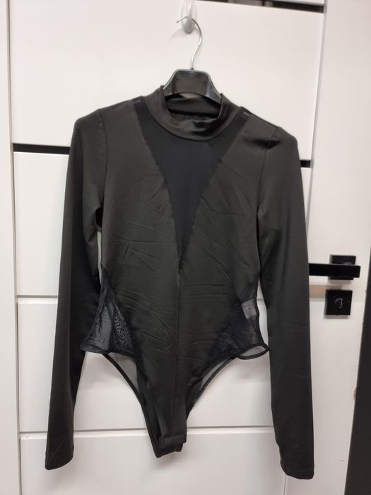 Seksowne eleganckie Body z długim rękawem dekold siateczka tiu S 36