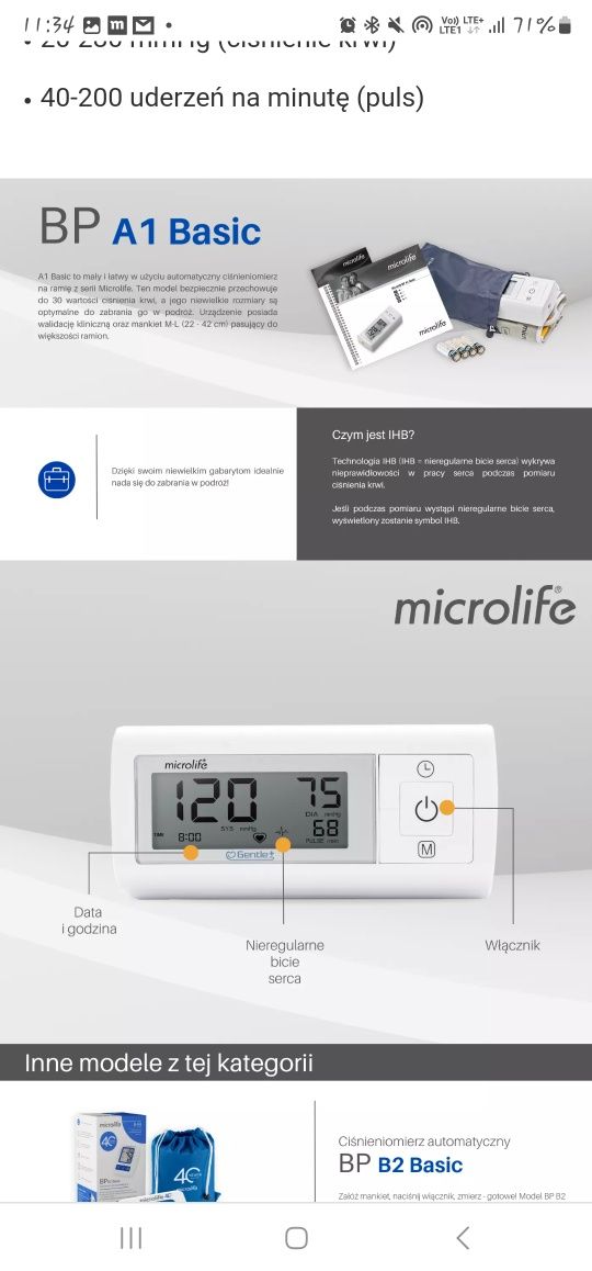 Ciśnieniomierz Automatyczny Microlife BP A1 Basic