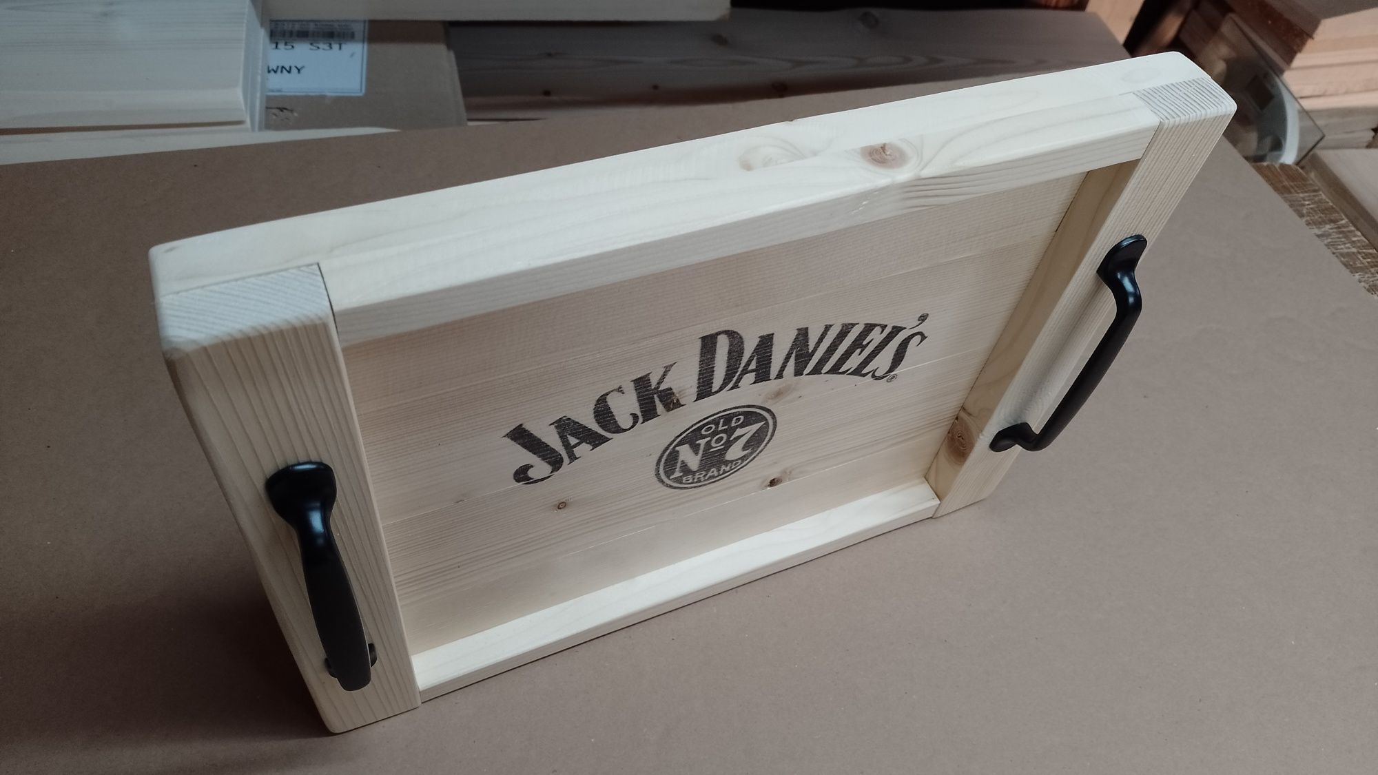 Taca Jack Daniels 40cm z uchwytami metalowymi drewniana drewno loft