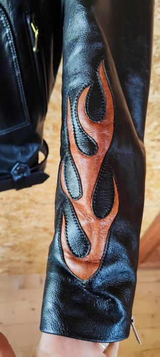 Kurtka skórzana czarna płomienie pasek gruba motocyklowa alternative o