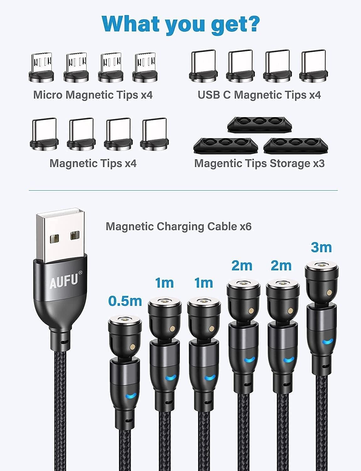 aufu magnetyczny kabel usb do ładowania 6 sztuk