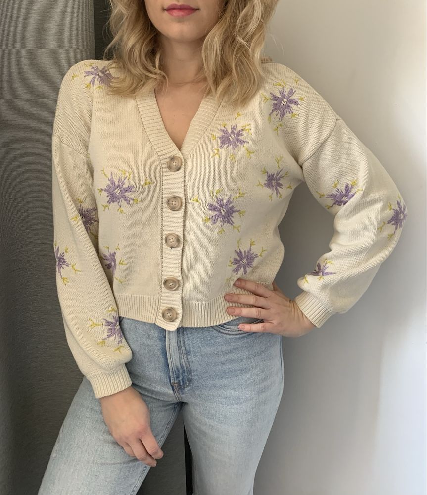 YAS wiosenny sweter kardigan w kwiaty aesthetic oversize cropped S