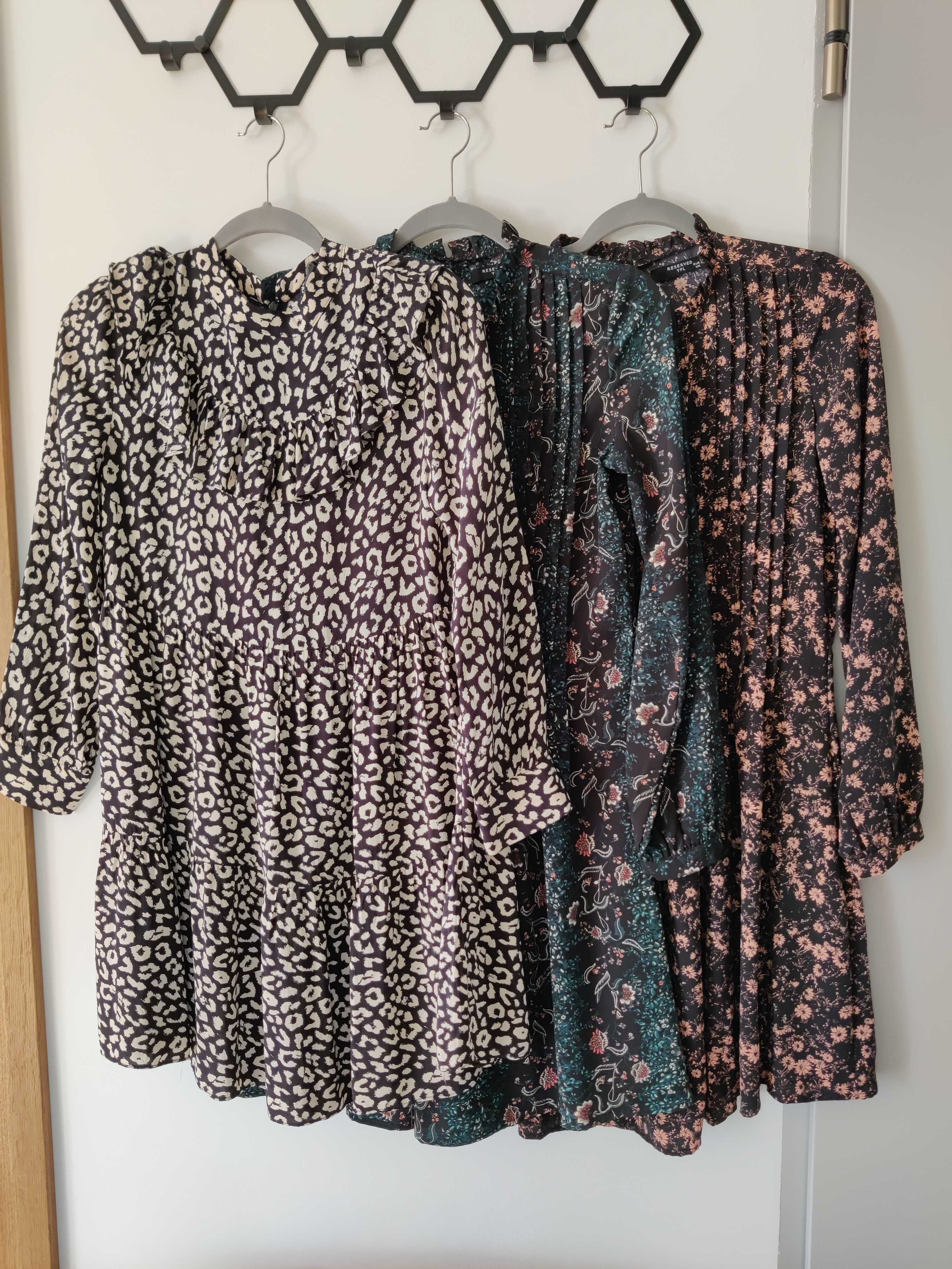 Reserved, Zara, zestaw 3 sukienek, panterka, kwiaty, 34/XS