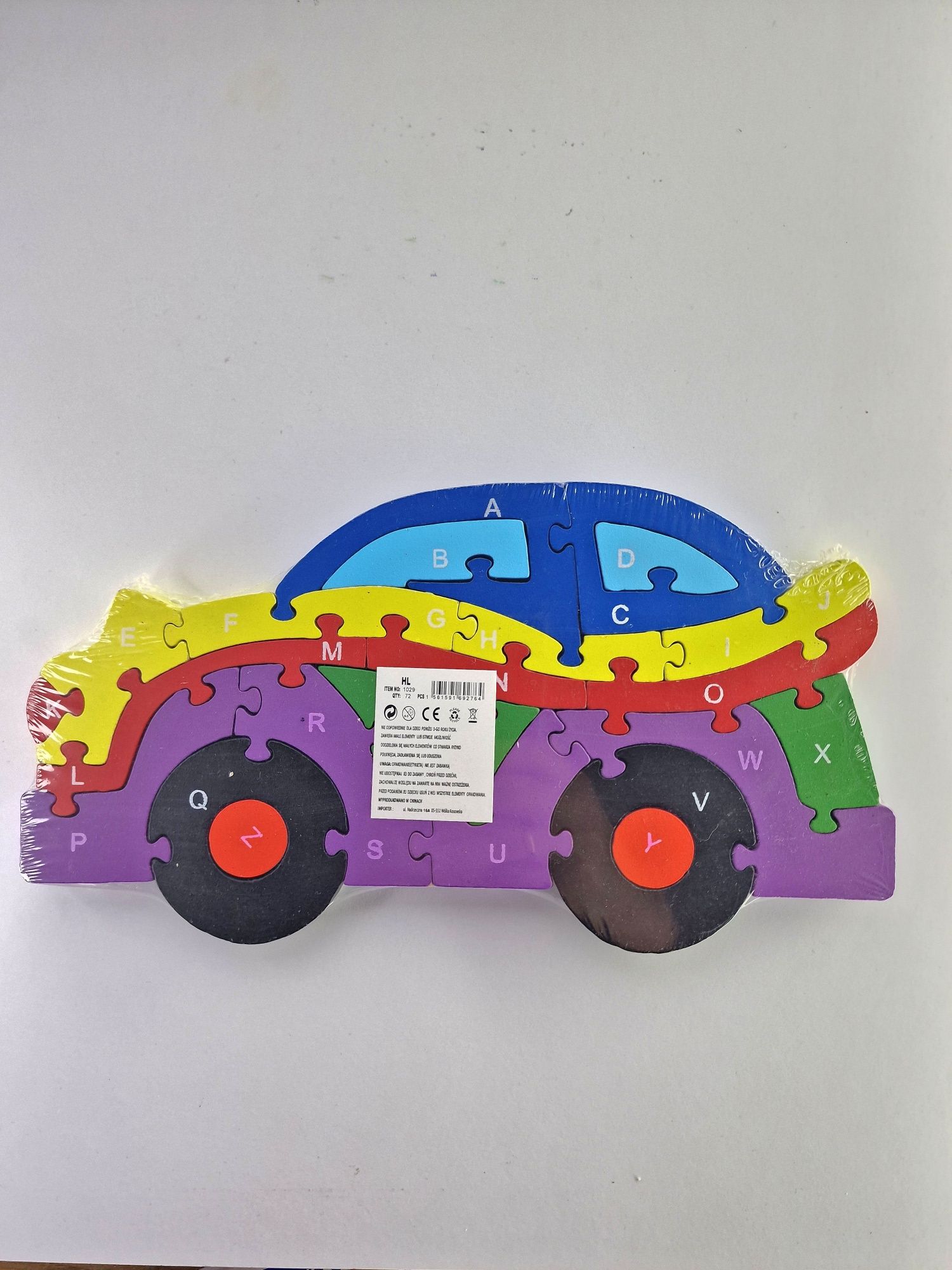 Auto samochód puzzle drewniane literki cyferki kolory zabawka