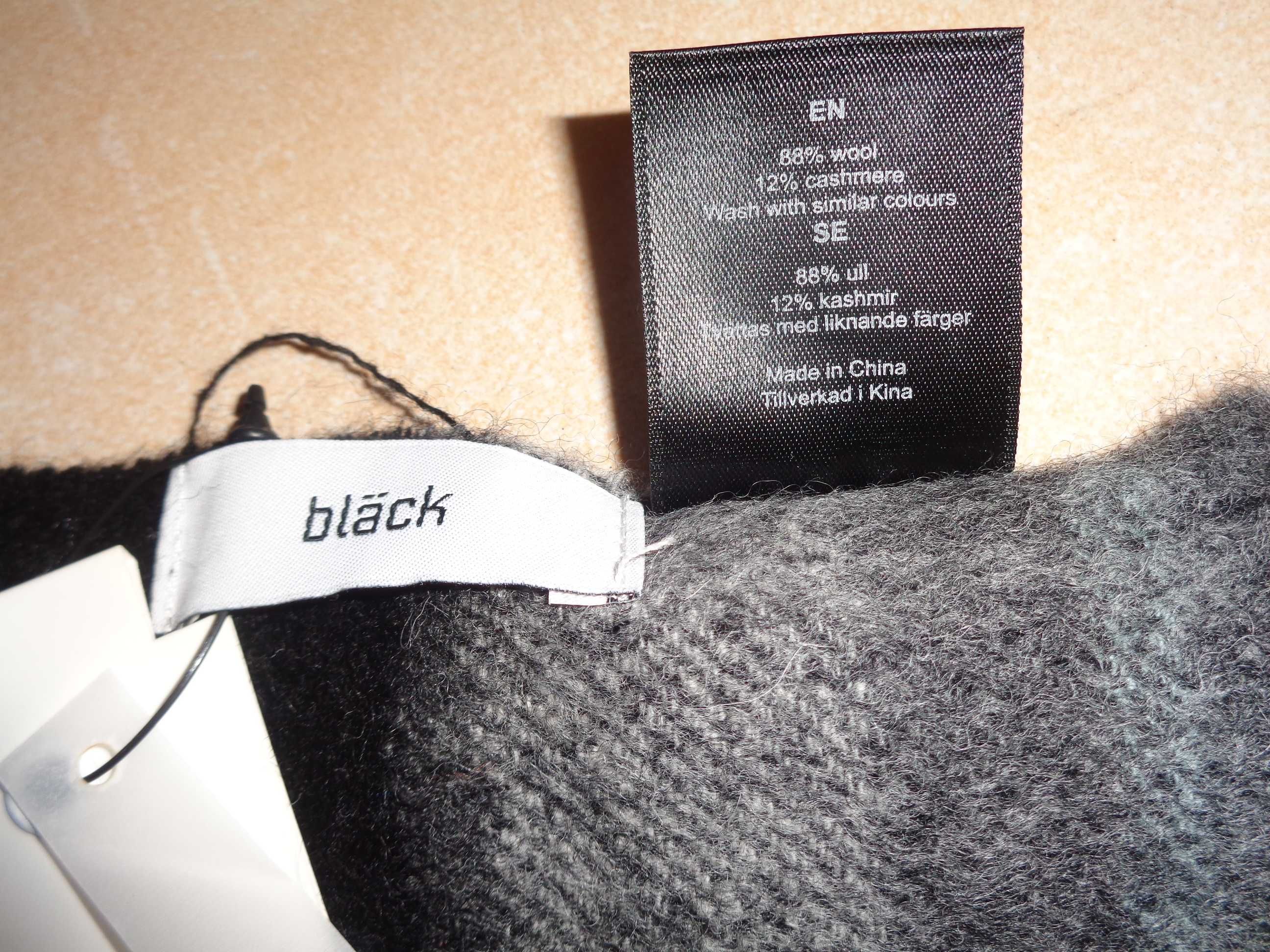 BLACK  88% Wool 12% CASHMERE delikatny męski szal szalik z frędzlami