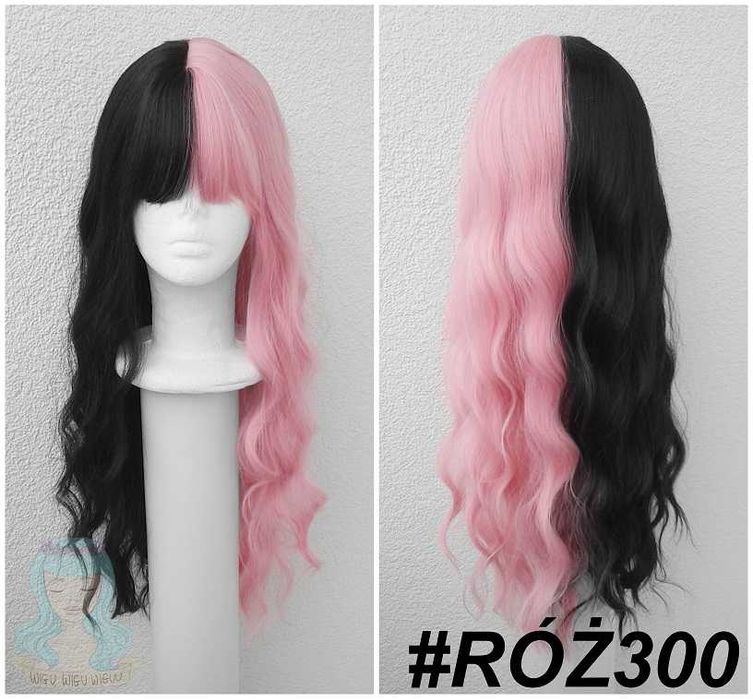Różowa czarna długa falowana peruka dwa kolory split dye cosplay wig