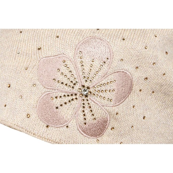 beżowa czapka damska marszczona z haftem i kryształkami - peterson