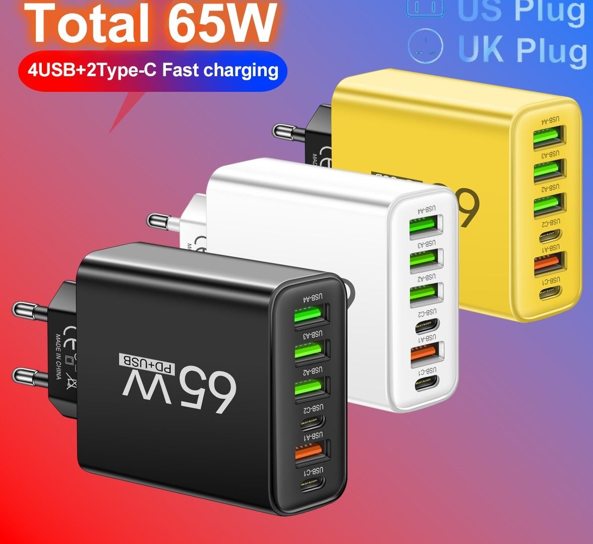 Быстрая зарядка 65W на 6 выходов ( 4 USB; 2 typeC)