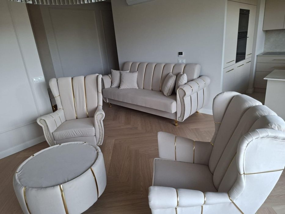 Sofa rozkładana zestaw mebli komplet Glamour fotele uszak stół stolik