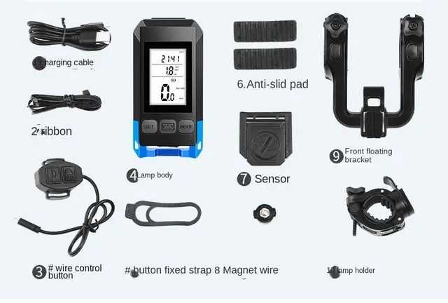 Велофонарь, велокомпьютер MT-088 с сигналом, термометр, 2 крепления