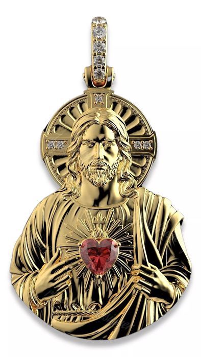 Złota zawieszka Jezusa 14k 585 z żółtego złota pj006y Rubin 25mm