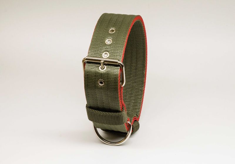Mocna obroża dla psa, szerokość 5cm. Kolor oliwkowy z czerwonym.