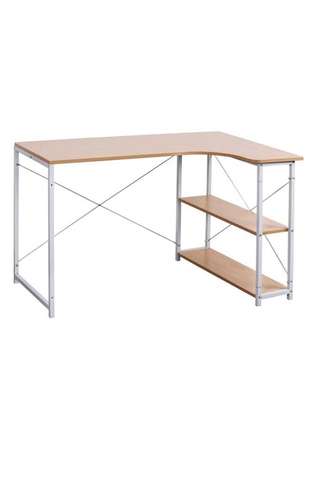 Biurko komputerowe WOLTU narożne L jasny dąb + białe do biura i gier