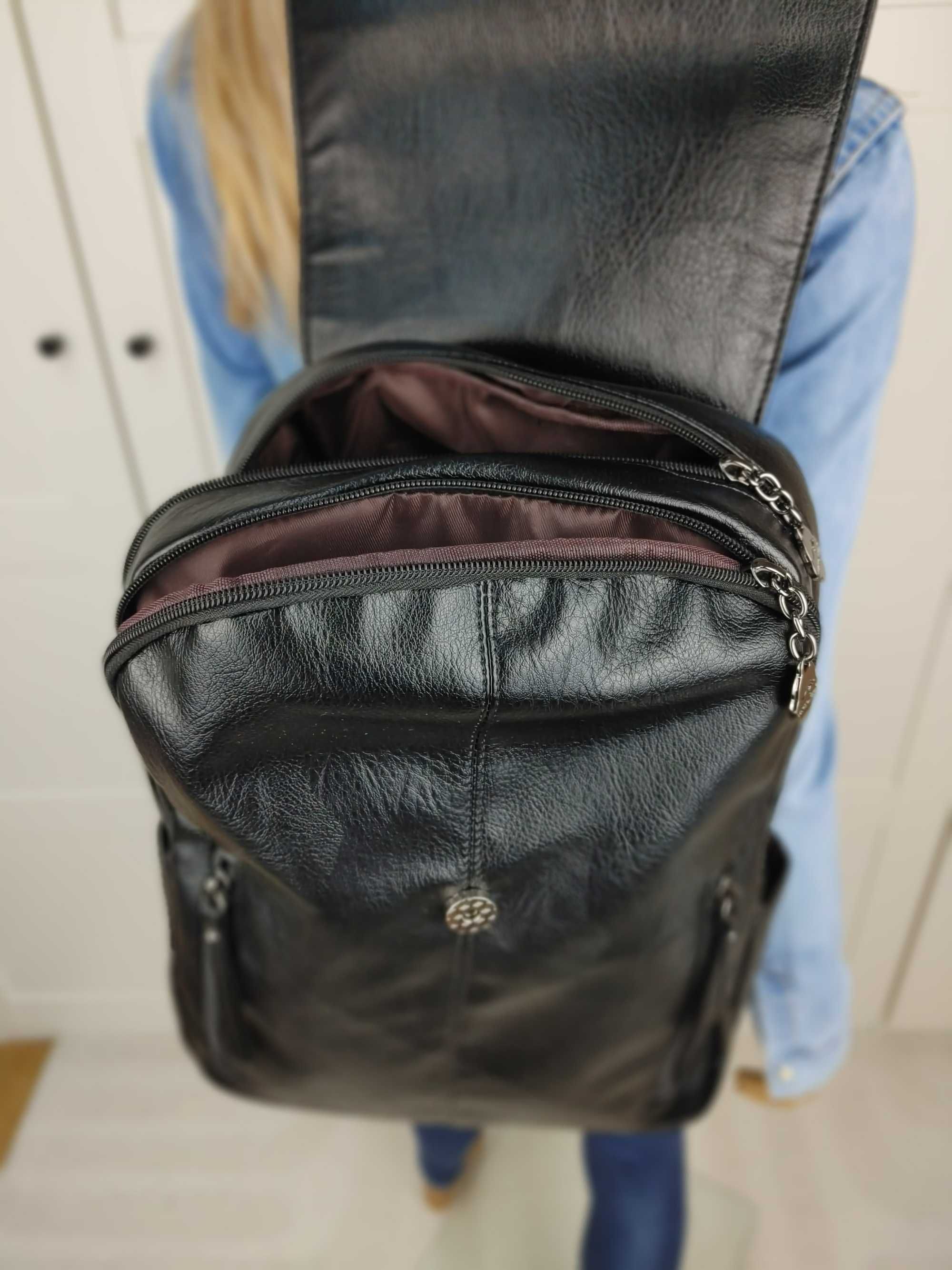 Czarny Skórzany Plecak XXL Vintage Torba Stylowa Elegancka na Wiosnę