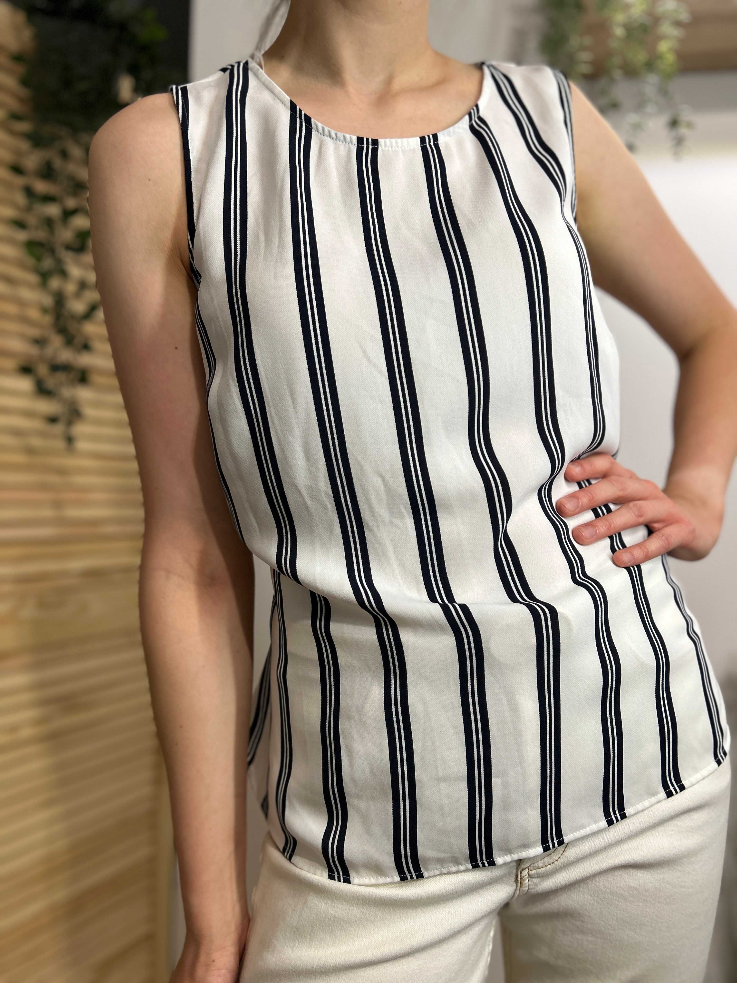Biała elegancka bluzka w paski bez rękawów – Linea, rozmiar 42
