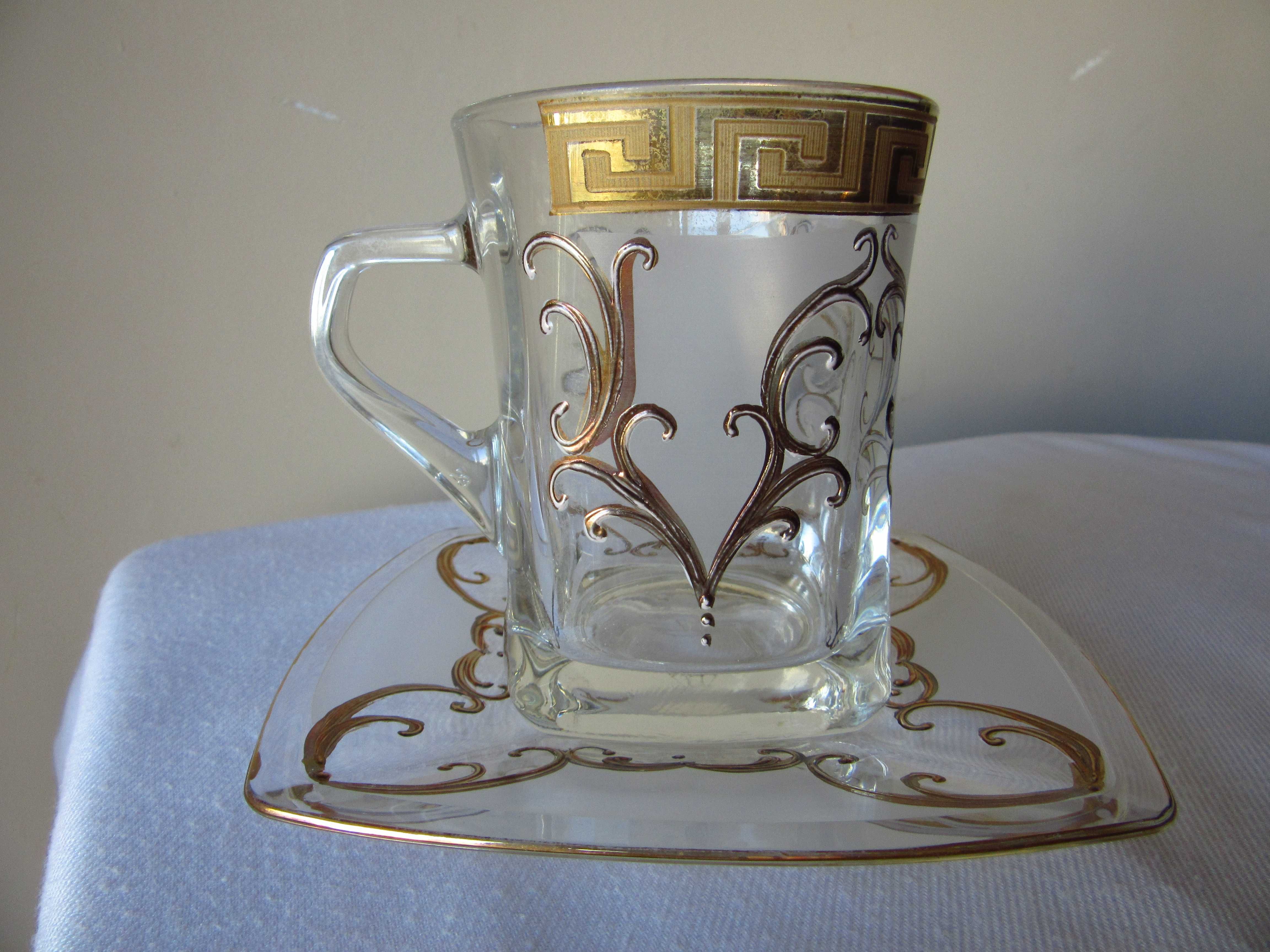 BOHEMIA szklanka z podstawkiem szkło złocone szronione l.60te
