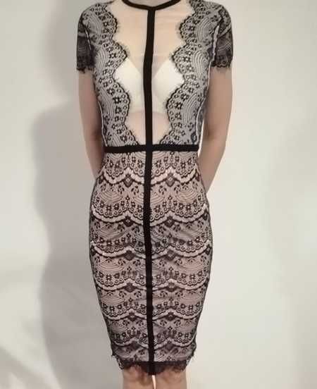 Granatowo-beżowa, koronkowa, ołówkowa sukienka Missguided 36 (S), nowa