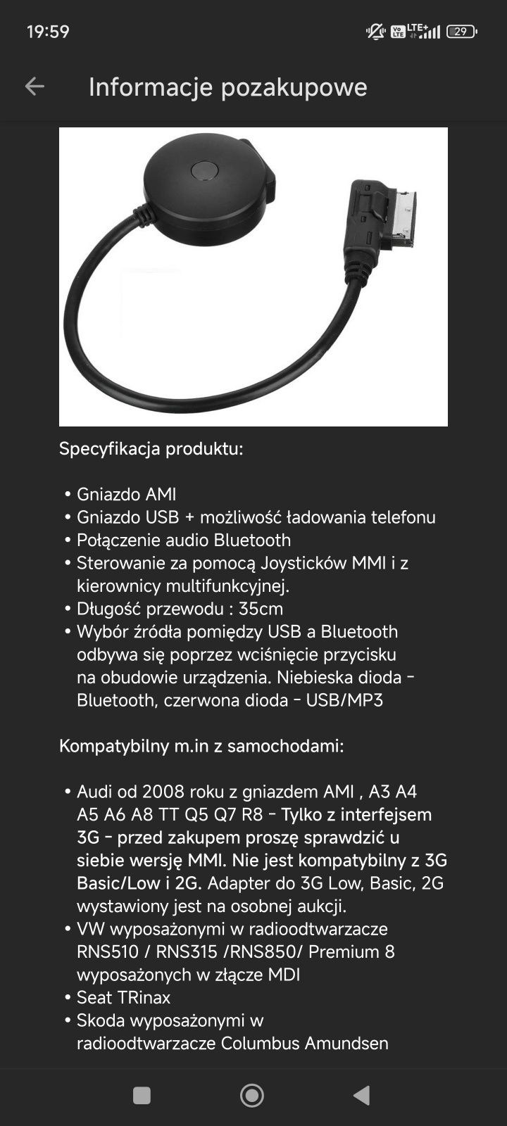 Kabel, złącze, adapter bluetooth audi VW