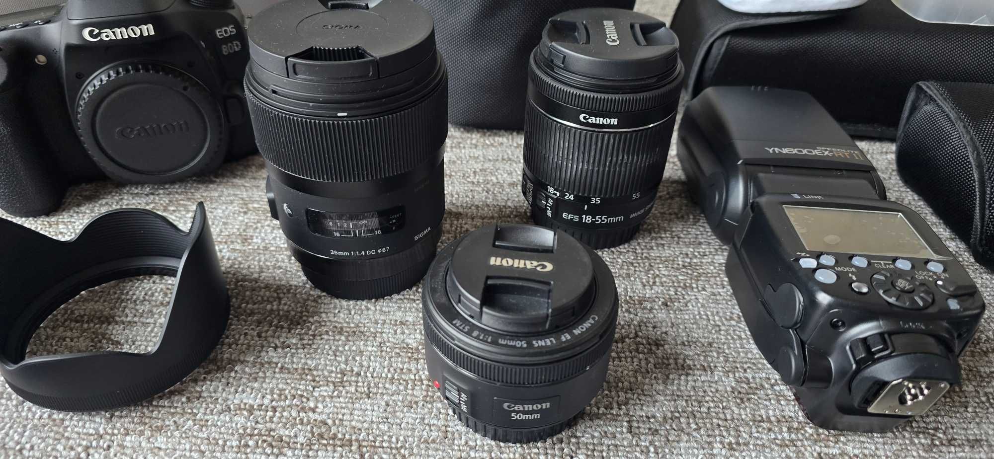 Aparat Canon EOS 80D z obiektywem 35mm f1.4, lampą i akcesoriami