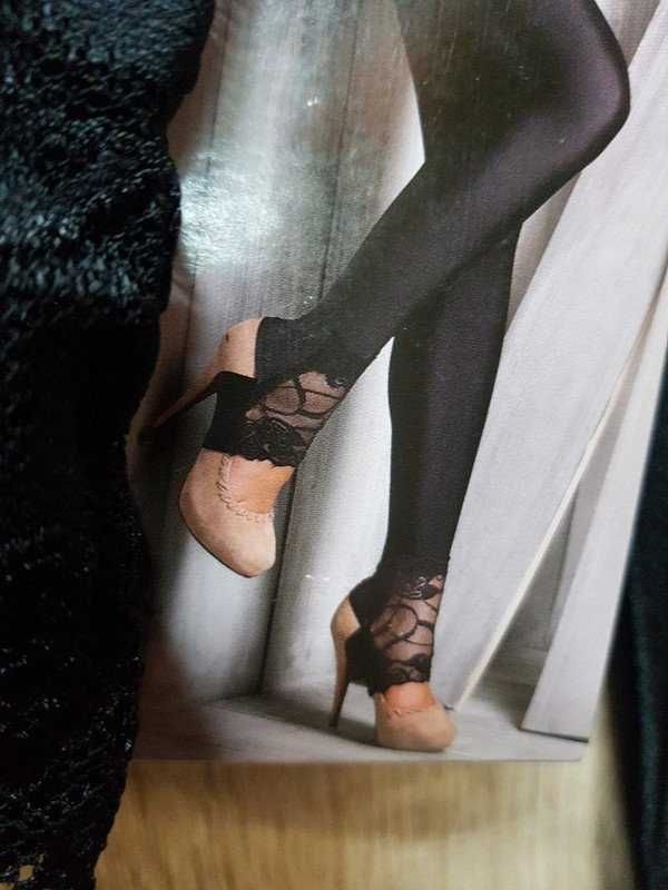 Legginsy z połyskiem czarne koronka na nogawkach NOWE XS-S