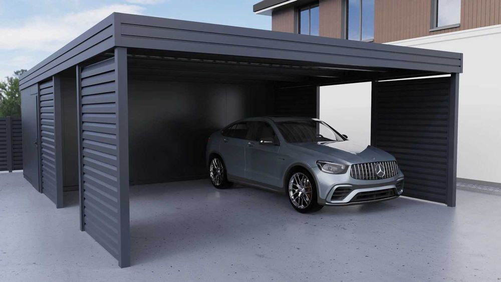 Wiata 5x7m z pomieszczeniem z tyłu PIR – żaluzja premium RAL 7016 (3D)