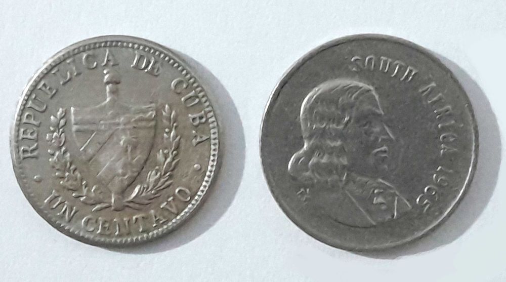 Moedas antigas: Cuba - 1 centavo 1946 / África do Sul- 5 cêntimos 1965