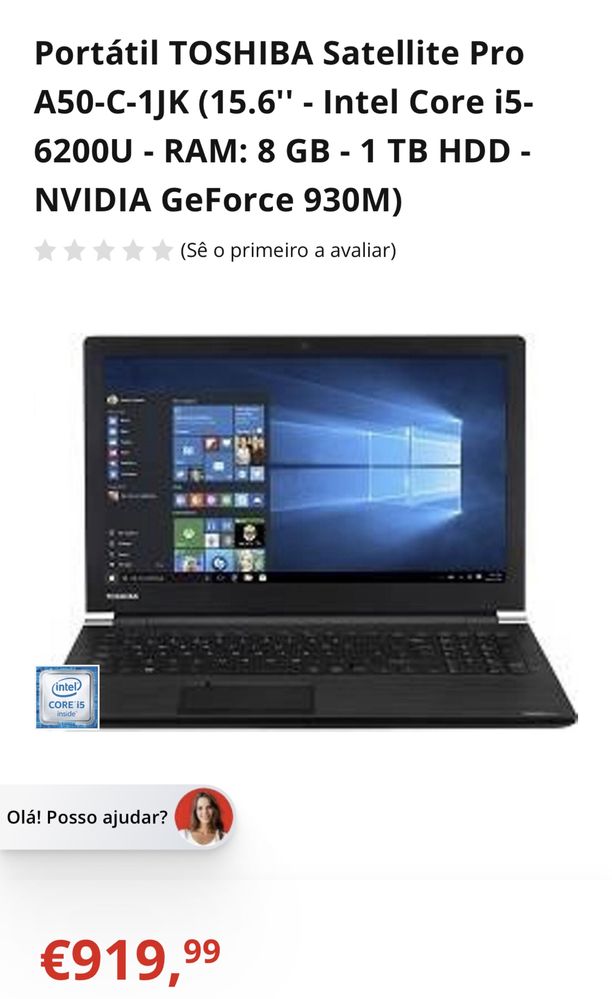 Portátil TOSHIBA (15.6'' - Intel Core i5-6200U RAM: 8 GB - 1 TB HDD )