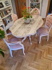 Stół drewniany z krzesłami pudrowy róż Ludwik Francuski styl dębowy