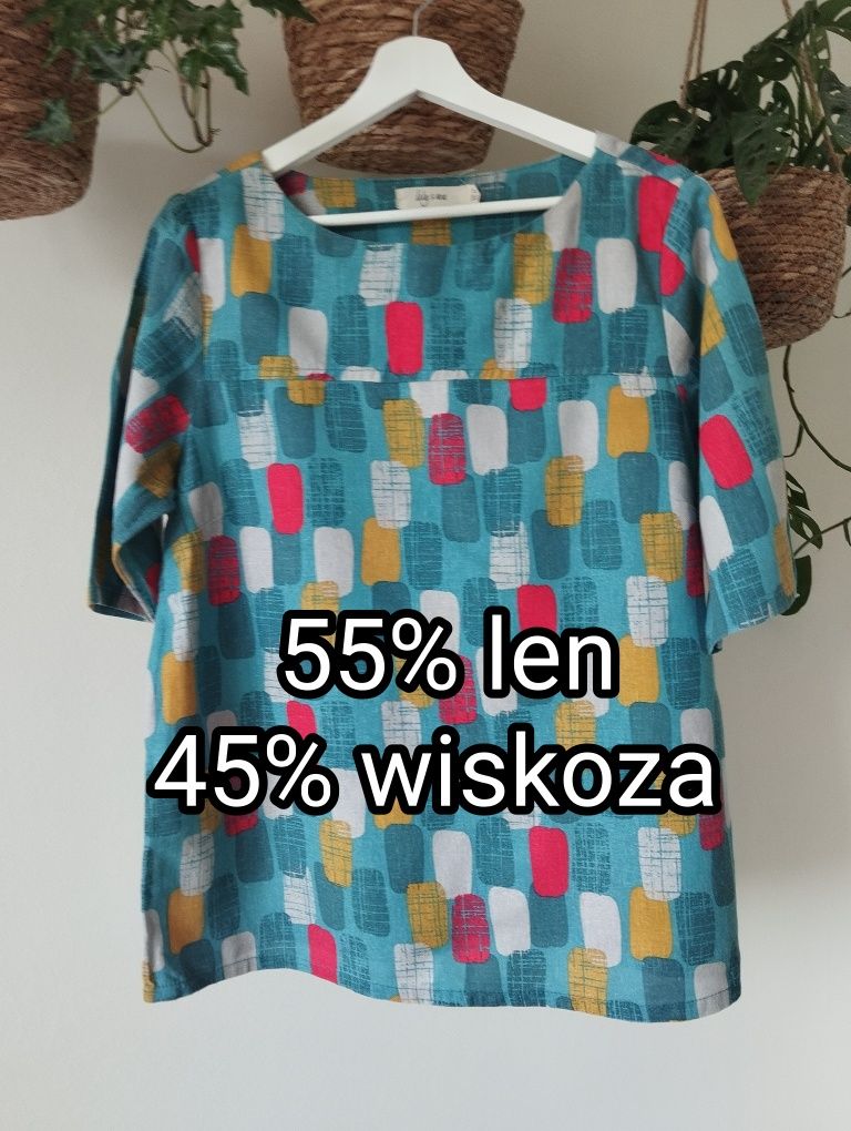 Wiosenna, letnia bluzka lniana, turkusowa, kolorowa, trapezowa, premiu