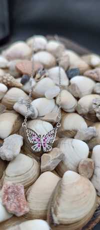 Srebrna celebrytka motyl z różowymi cyrkoniami