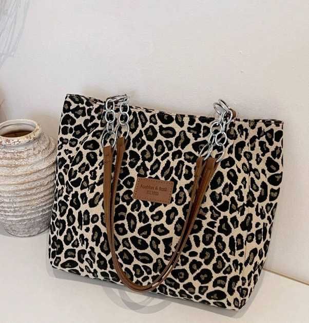 Torebka Sztruksowa na Ramię –Panterka, , Lekka i Pojemna- brazowy