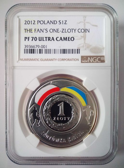 Złotówka Kibica Euro 2012, Ag 925 numizmat. NGC PF70 Ultra Cameo, Max!