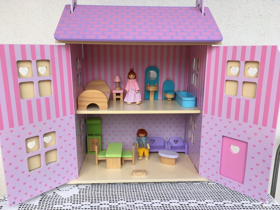 domek drewniany dla lalek Eichhorn różowy duży z meblami i lalkami