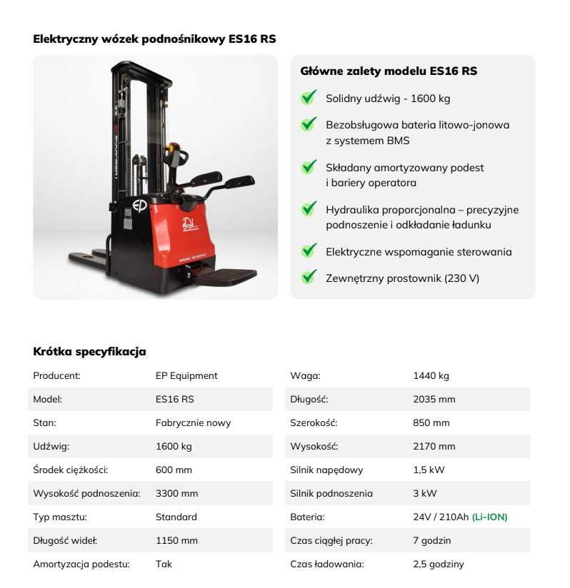Wynajem Samojezdny Elektryczny Wózek Paletowy Masztowy 3,3m, 1600kg