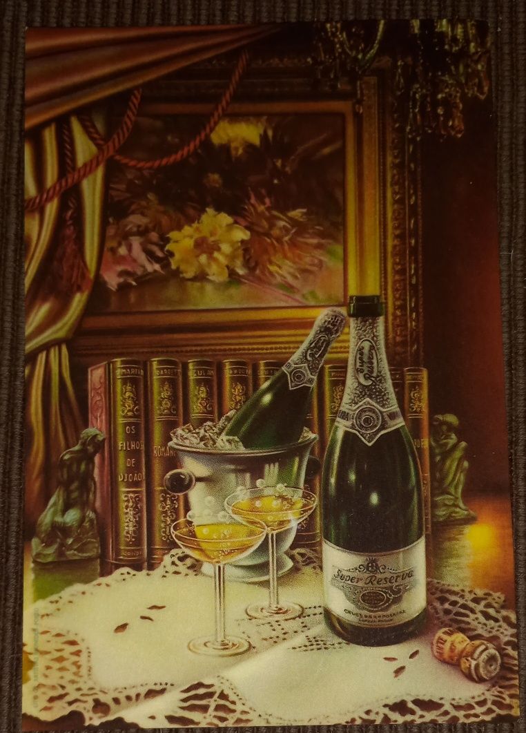 Postal dos espumantes Raposeira, anos 50, e Brandy Constantino